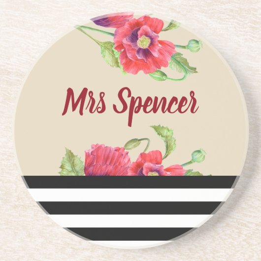 ウォーターカラーレッドポピーフローラアート コースター (正面)