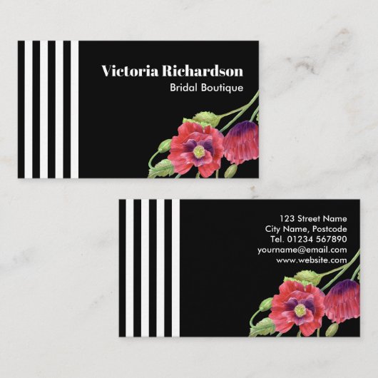 ウォーターカラーレッドポピー白黒ストライプ 名刺 (正面/裏面)