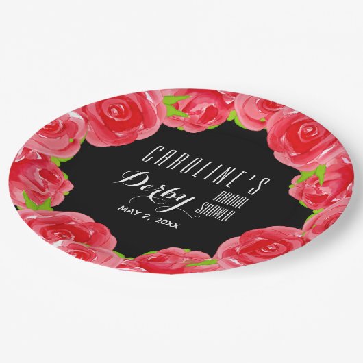 ウォーターカラーレッドローズダービーブライダルシャワー ペーパープレート (アングル)