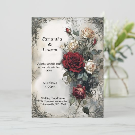 ウォーターカラーレッドローズヴィンテージゴシック結婚ズ 招待状 (スタンド正面)