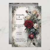 ウォーターカラーレッドローズヴィンテージゴシック結婚ズ 招待状 (正面/裏面)