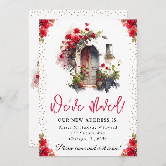 ウォーターカラーレッドローゼス春ドアニューホーム 案内状 (正面/裏面)