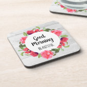 ウォーターカラーレッド&ピンクフラワーズサークルリースデザイン コースター (左側)