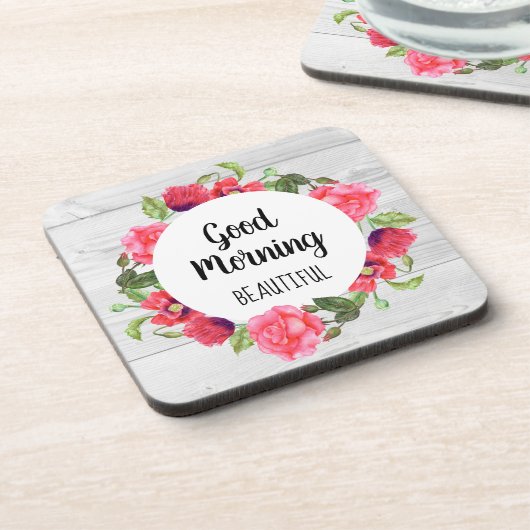 ウォーターカラーレッド&ピンクフラワーズサークルリースデザイン コースター (左側)