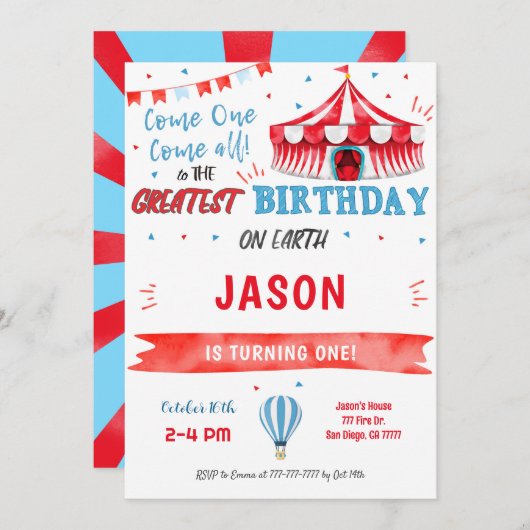 ウォーターカラーレッド&ブルーサーカス招待状 招待状 (正面/裏面)