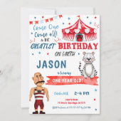 ウォーターカラーレッド&ブルーサーカス誕生日招待状 招待状 (正面)