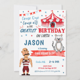 ウォーターカラーレッド&ブルーサーカス誕生日招待状 招待状