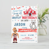 ウォーターカラーレッド&ブルーサーカス誕生日招待状 招待状 (スタンド正面)