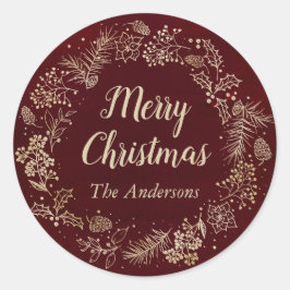 ウォーターカラーレッド&金ゴールドクリスマスリースホリデー ラウンドシール