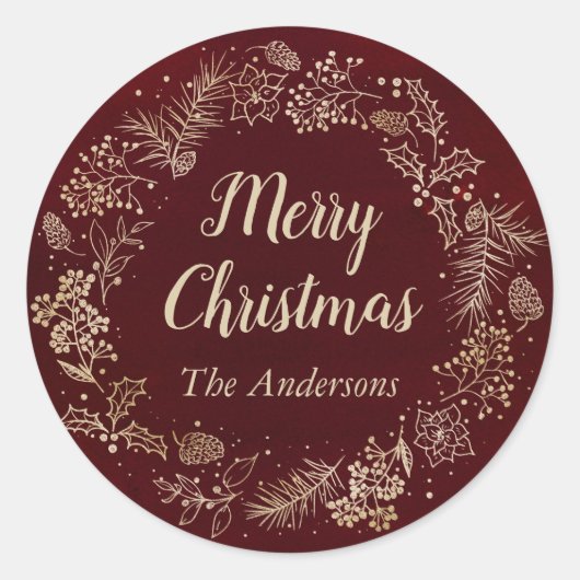 ウォーターカラーレッド&金ゴールドクリスマスリースホリデー ラウンドシール (正面)