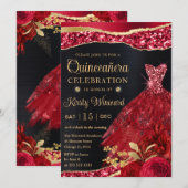 ウォーターカラーレッド&金ゴールドグリッタードレスキンセアニェラ 招待状 (正面/裏面)