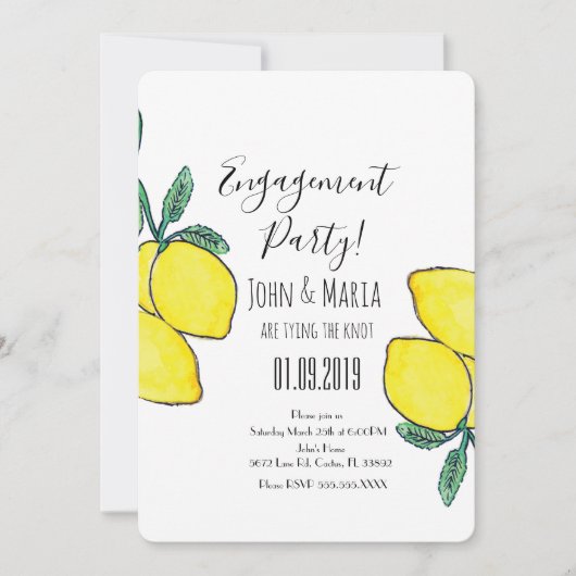 ウォーターカラーレモンつる植物グリーンリー婚約パーティ 招待状 (正面)