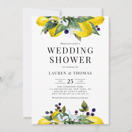 ウォーターカラーレモンとブラックベリーウェディングシャワー 招待状 (正面)