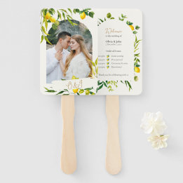ウォーターカラーレモンの結婚式プログラムファン ハンドファン