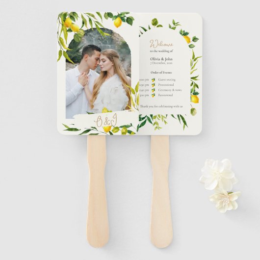 ウォーターカラーレモンの結婚式プログラムファン ハンドファン (正面&裏面)