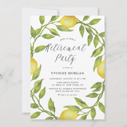 ウォーターカラーレモングリーンリーリースリタイアメントパーティー 招待状 (正面)