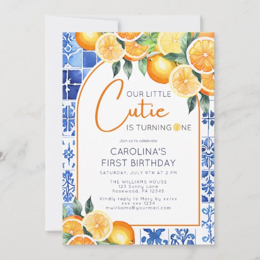 ウォーターカラーレモンシトラスファースト誕生日 招待状 (正面)