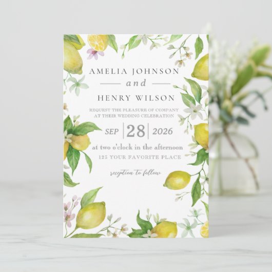 ウォーターカラーレモンシトラスフルーツ結婚式招待状 招待状 (スタンド正面)