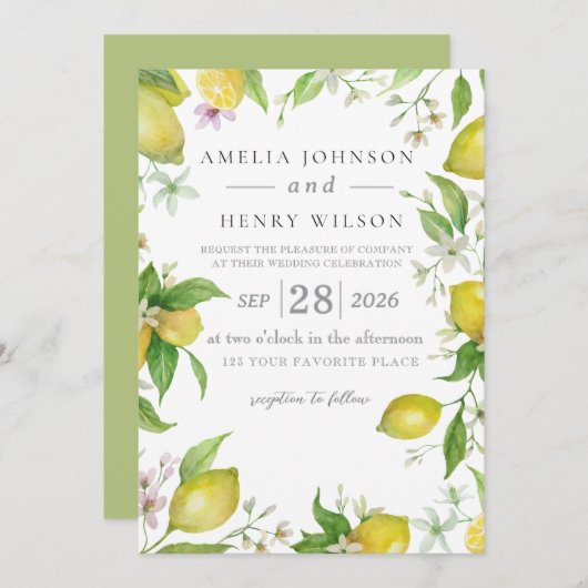 ウォーターカラーレモンシトラスフルーツ結婚式招待状 招待状 (正面/裏面)