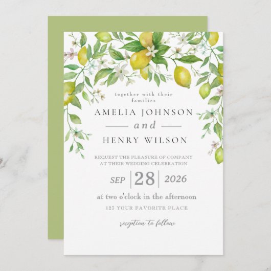 ウォーターカラーレモンシトラスフルーツ結婚式招待状 招待状 (正面/裏面)