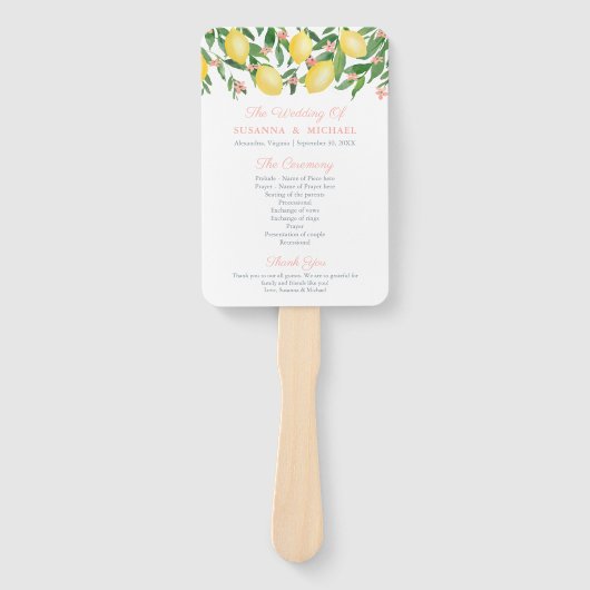 ウォーターカラーレモンズピンク文字結婚式 プログラム ハンドファン (正面)