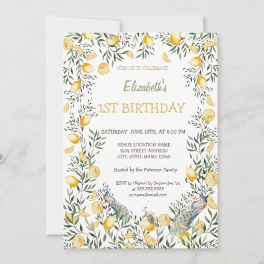 ウォーターカラーレモンズピーコック誕生日 招待状 (正面)