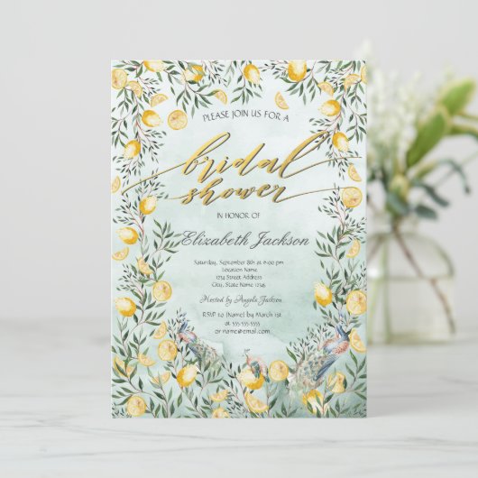 ウォーターカラーレモンピーコックスグリーンブライダルシャワー 招待状 (スタンド正面)