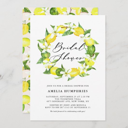 ウォーターカラーレモンフラムスリースブライダルシャワー 招待状 (正面/裏面)