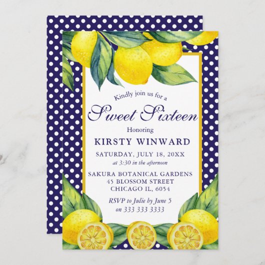 ウォーターカラーレモンフローラブルー水玉模様スイート16 招待状 (正面/裏面)