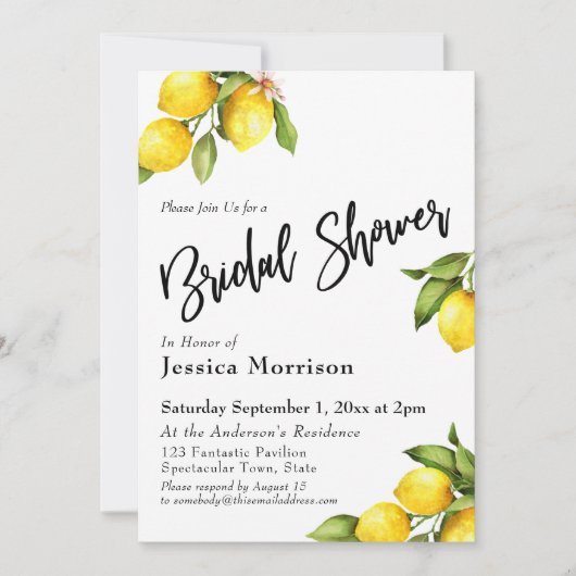 ウォーターカラーレモンブライダルシャワータイポグラフィ 招待状 (正面)