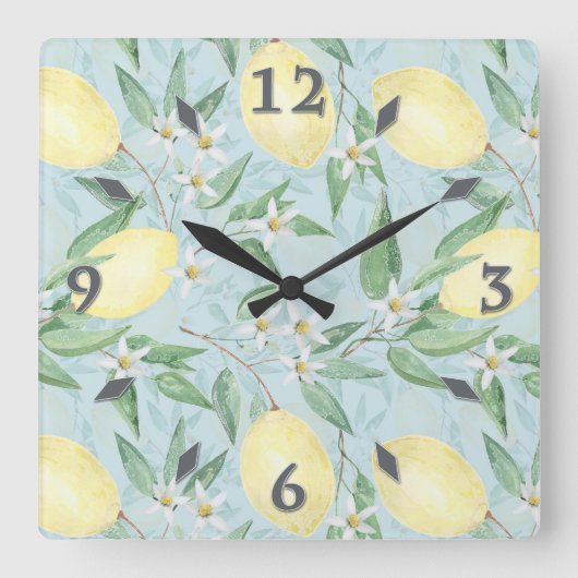 ウォーターカラーレモン果実角壁時計 スクエア壁時計 (正面)