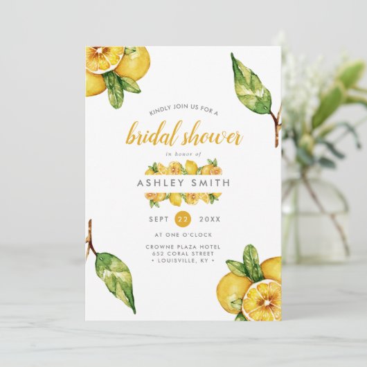 ウォーターカラーレモン柑橘類モダンブライダルシャワー 招待状 (スタンド正面)