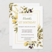 ウォーターカラーレモン花オリーブ誕生日 招待状 (正面/裏面)