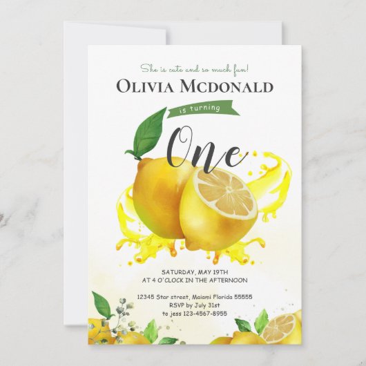 ウォーターカラーレモン誕生日招待状 招待状 (正面)