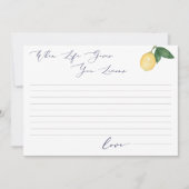 ウォーターカラーレモン&ネイビーブライダルシャワーアドバイスカード 招待状 (正面)