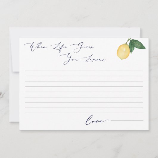 ウォーターカラーレモン&ネイビーブライダルシャワーアドバイスカード 招待状 (正面)