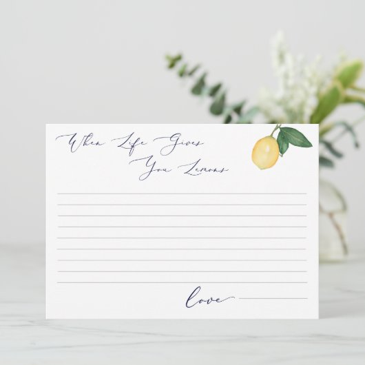 ウォーターカラーレモン&ネイビーブライダルシャワーアドバイスカード 招待状 (スタンド正面)