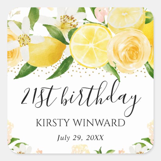 ウォーターカラーレモン&フラワーズ誕生日 スクエアシール (正面)