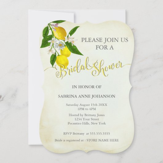 ウォーターカラーレモン&葉ブライダルシャワー 招待状 (正面)