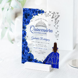 ウォーターカラーロイヤルブルーローズシルバーQuinceanera アクリル招待状