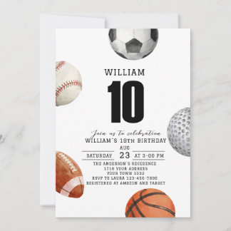 ウォーターカラーロッキーイヤースポーツ10歳の誕生日パーティー 招待状