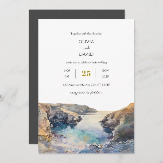 ウォーターカラーロッキーコースタルセットコーブビーチ結婚式 招待状 (正面/裏面)