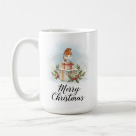 ウォーターカラーロビンのプレゼント ホリーマリークリスマス コーヒーマグカップ