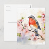 ウォーターカラーロビンオン春さくらんぼブロッサムブランチ ポストカード (正面/裏面)