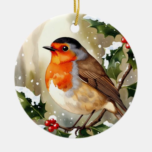 ウォーターカラーロビンクリスマス セラミックオーナメント (正面)