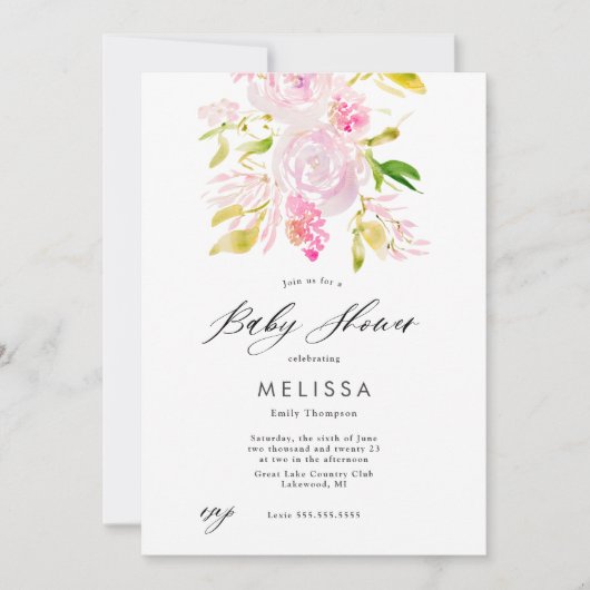 ウォーターカラーローズブーケベビーシャワー招待状 招待状 (正面)