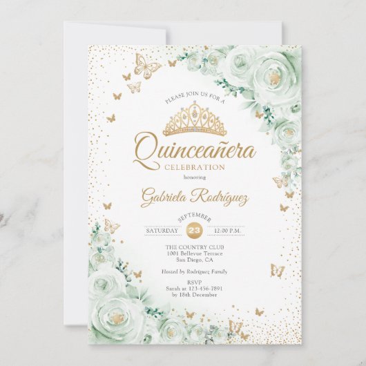 ウォーターカラーローゼスセージ緑フローラルキンセアナラ 招待状 (正面)