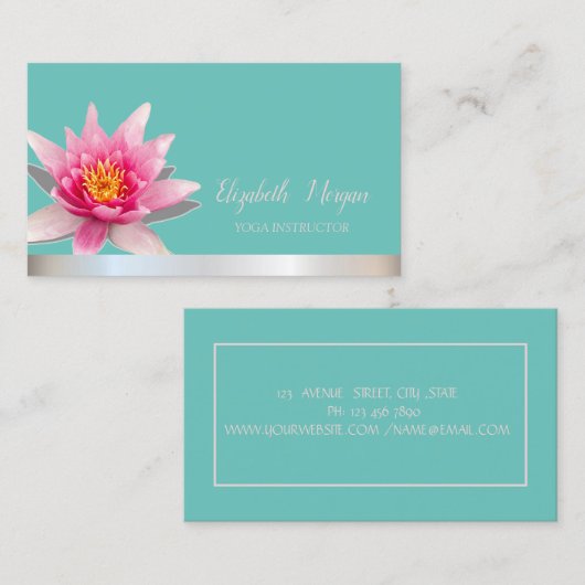 ウォーターカラーロータスシルバーストライプティール(緑がかった色)ヨガ 名刺 (正面/裏面)