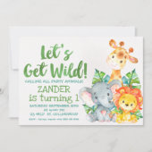 ウォーターカラーワイルドサファリアニマルズ誕生日招待状 招待状 (正面)