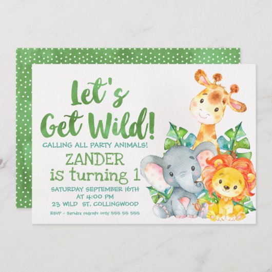 ウォーターカラーワイルドサファリアニマルズ誕生日招待状 招待状 (正面/裏面)